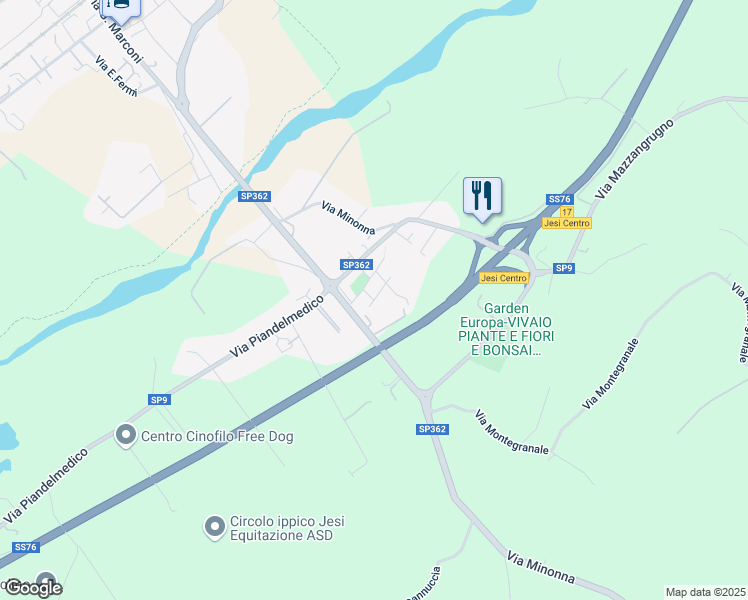 map of restaurants, bars, coffee shops, grocery stores, and more near Via Tronto in Jesi