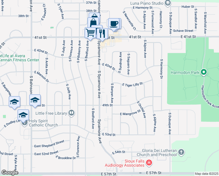 map of restaurants, bars, coffee shops, grocery stores, and more near 3600 South Sycamore Avenue in Sioux Falls