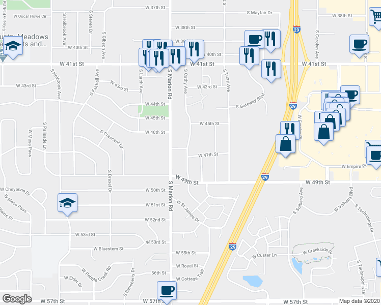 map of restaurants, bars, coffee shops, grocery stores, and more near 5110 West 47th Street in Sioux Falls