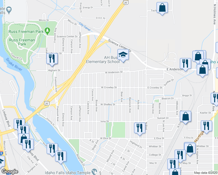 map of restaurants, bars, coffee shops, grocery stores, and more near 512 West Crowley Street in Idaho Falls