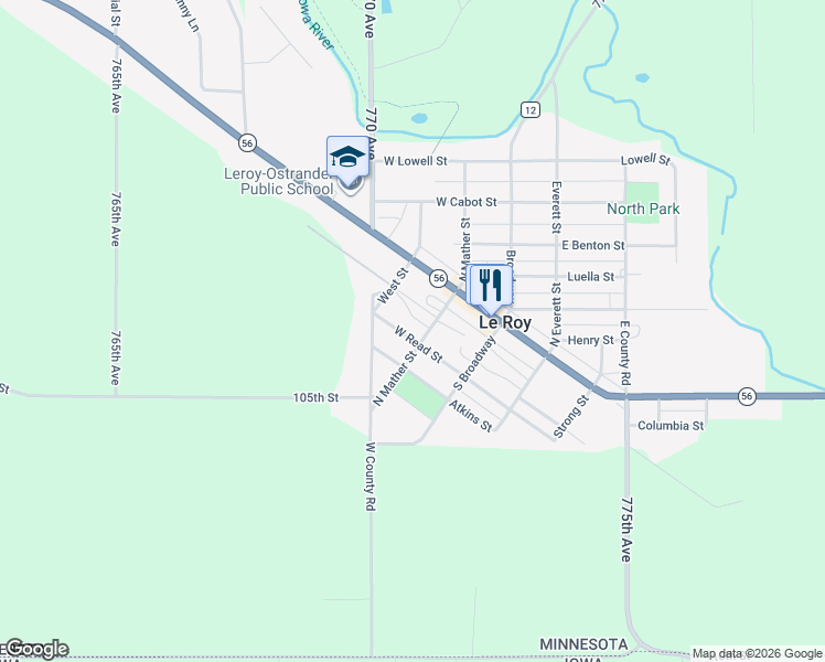 map of restaurants, bars, coffee shops, grocery stores, and more near 207 West Read Street in Le Roy
