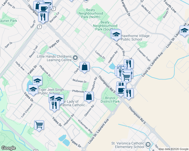 map of restaurants, bars, coffee shops, grocery stores, and more near 926 Thompson Road South in Milton
