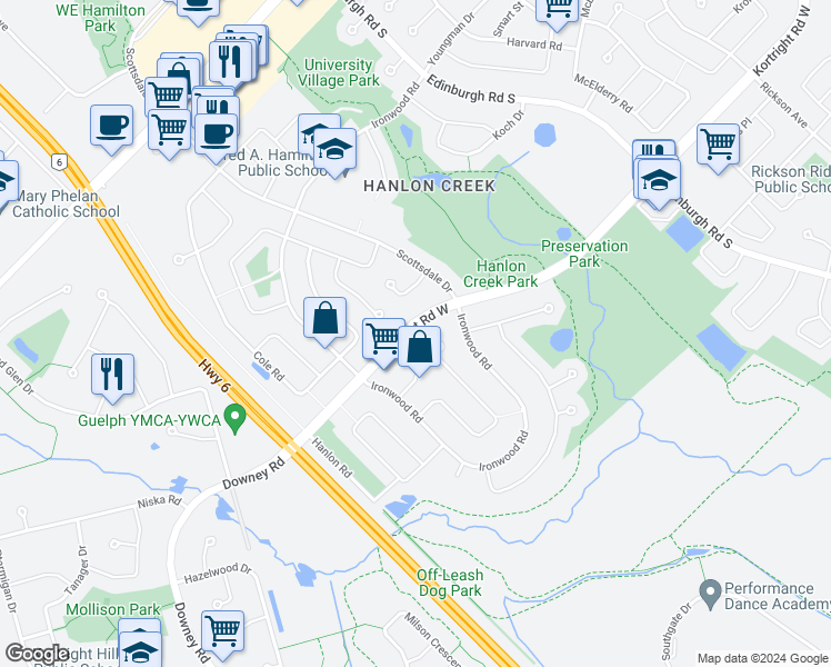 map of restaurants, bars, coffee shops, grocery stores, and more near 546 Kortright Road West in Guelph