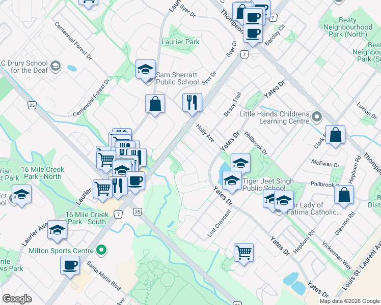 map of restaurants, bars, coffee shops, grocery stores, and more near 575 Cargill Path in Milton