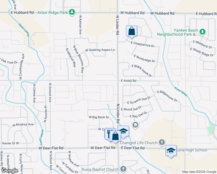 map of restaurants, bars, coffee shops, grocery stores, and more near 2280 North Mountain Ash Avenue in Kuna