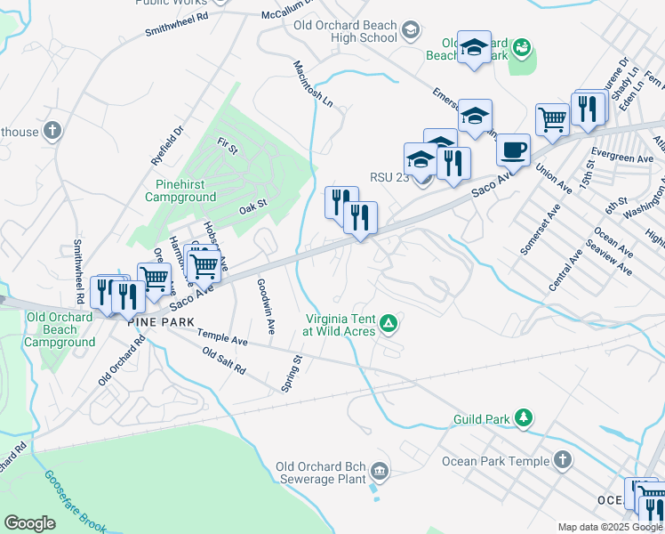 map of restaurants, bars, coffee shops, grocery stores, and more near 1 Pinebrook Terrace in Old Orchard Beach