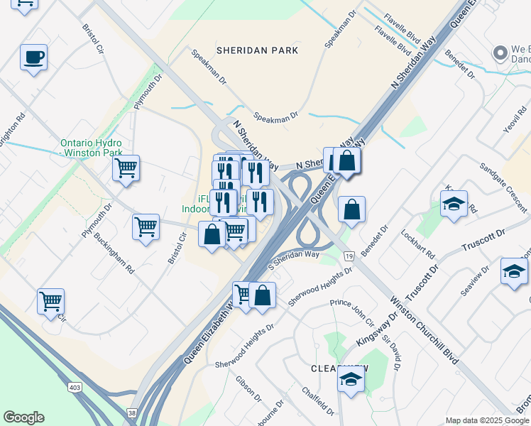 map of restaurants, bars, coffee shops, grocery stores, and more near 2007 Winston Park Drive in Oakville