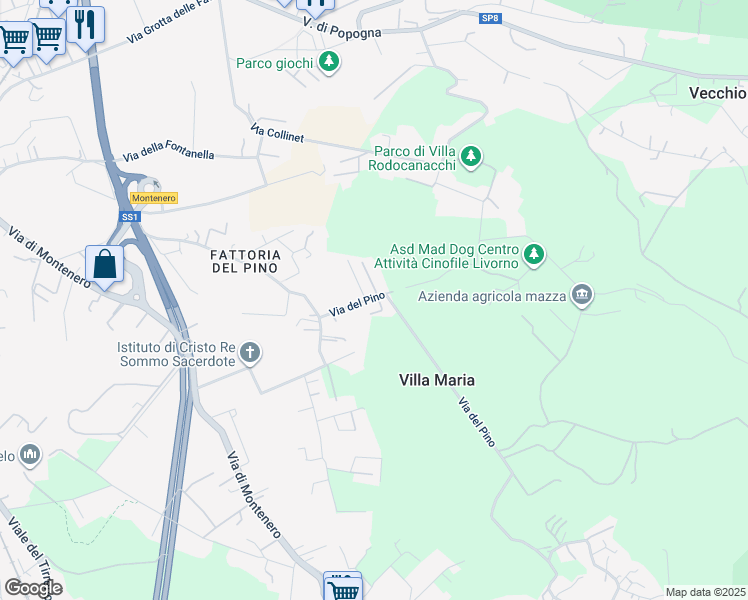 map of restaurants, bars, coffee shops, grocery stores, and more near 106 Via del Pino in Livorno