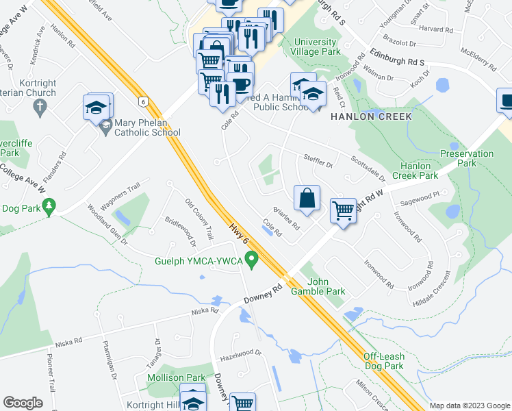 map of restaurants, bars, coffee shops, grocery stores, and more near 264 Cole Road in Guelph