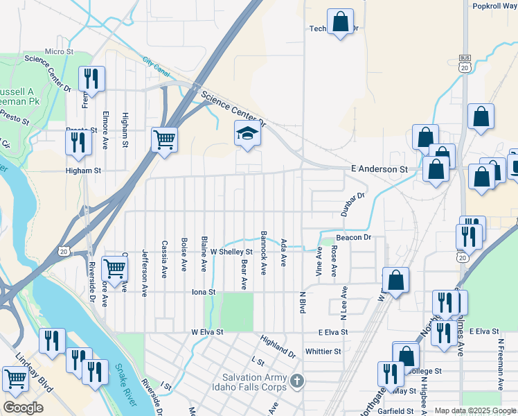 map of restaurants, bars, coffee shops, grocery stores, and more near 1203 Bannock Avenue in Idaho Falls