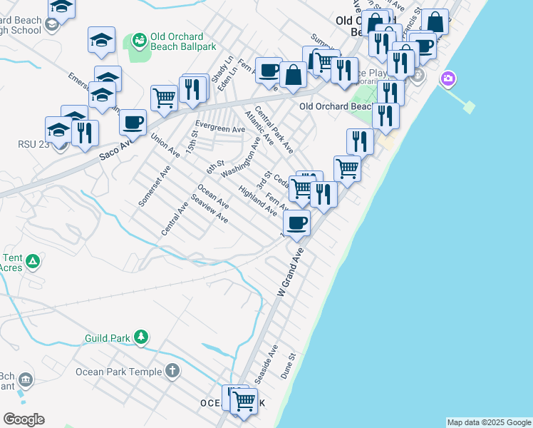 map of restaurants, bars, coffee shops, grocery stores, and more near 33 Union Avenue in Old Orchard Beach