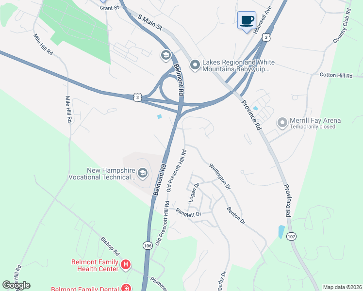 map of restaurants, bars, coffee shops, grocery stores, and more near 60 Old Prescott Hill Road in Laconia