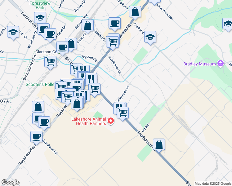 map of restaurants, bars, coffee shops, grocery stores, and more near 2001 Bonnymede Drive in Mississauga
