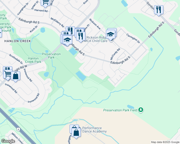 map of restaurants, bars, coffee shops, grocery stores, and more near 59 Southcreek Trail in Guelph
