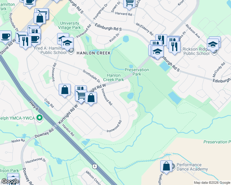 map of restaurants, bars, coffee shops, grocery stores, and more near 11 Sagewood Place in Guelph