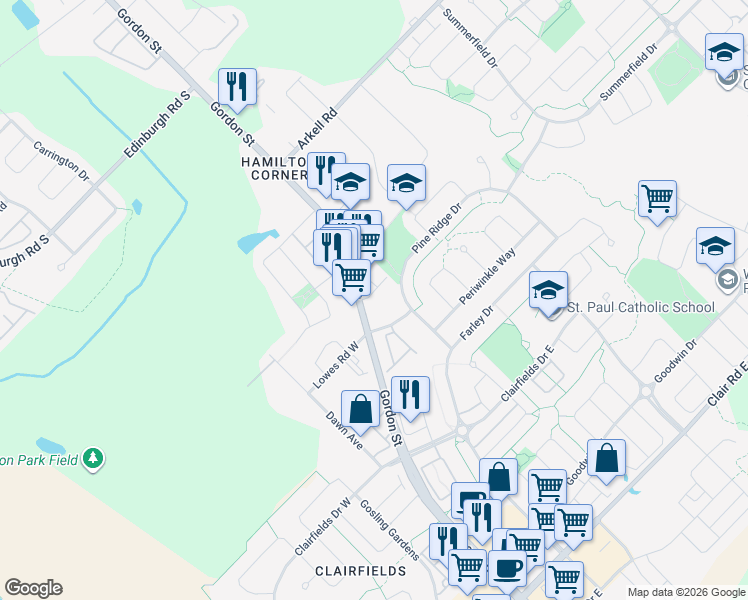 map of restaurants, bars, coffee shops, grocery stores, and more near 1498 Gordon Street in Guelph