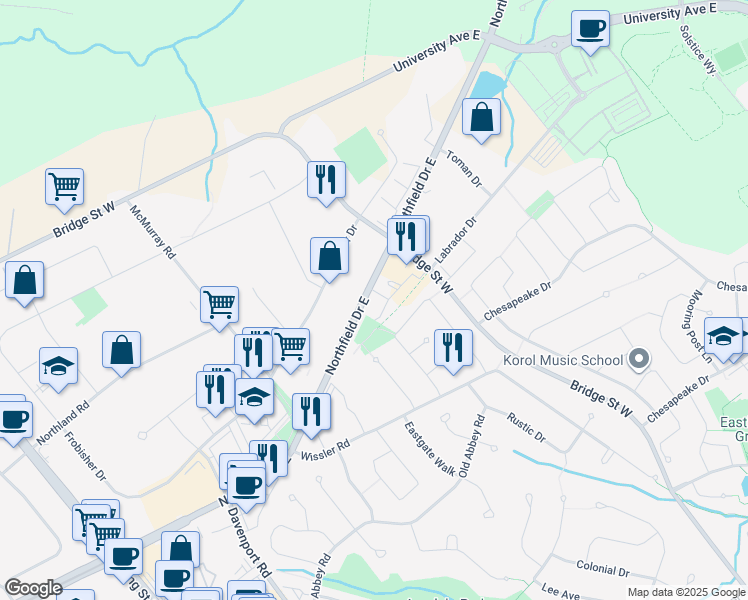 map of restaurants, bars, coffee shops, grocery stores, and more near 243 Northfield Drive East in Waterloo