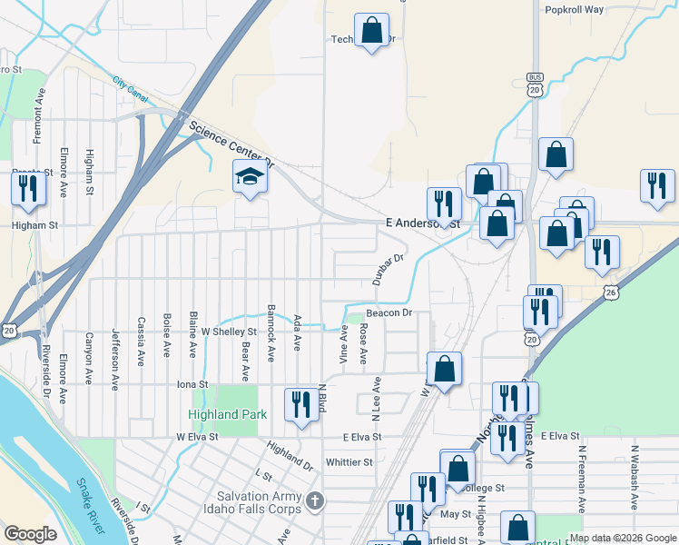 map of restaurants, bars, coffee shops, grocery stores, and more near 124 East Crowley Street in Idaho Falls