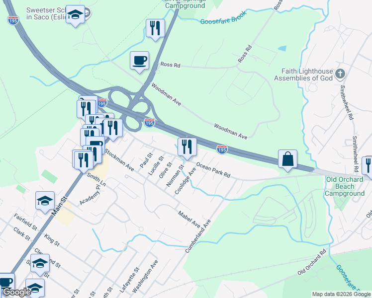 map of restaurants, bars, coffee shops, grocery stores, and more near 38 Ocean Park Road in Saco