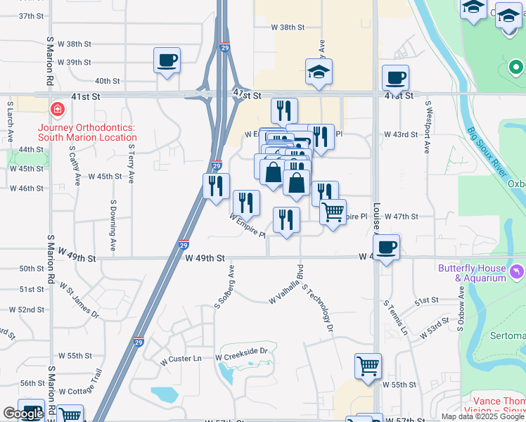 map of restaurants, bars, coffee shops, grocery stores, and more near 3400 Empire Mall in Sioux Falls