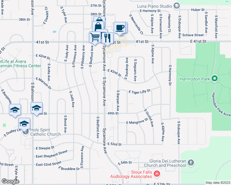 map of restaurants, bars, coffee shops, grocery stores, and more near 3600 South Sycamore Avenue in Sioux Falls