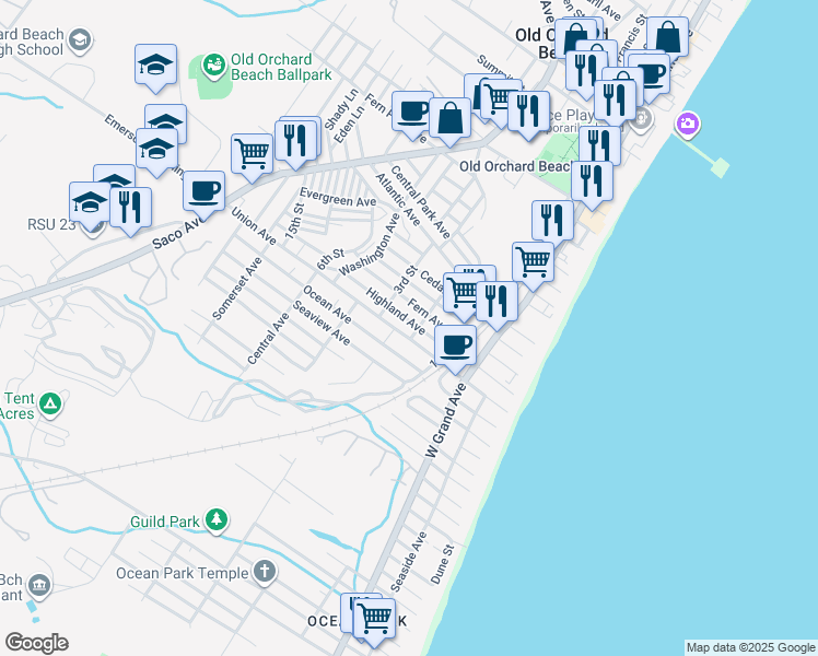 map of restaurants, bars, coffee shops, grocery stores, and more near 33 Union Avenue in Old Orchard Beach