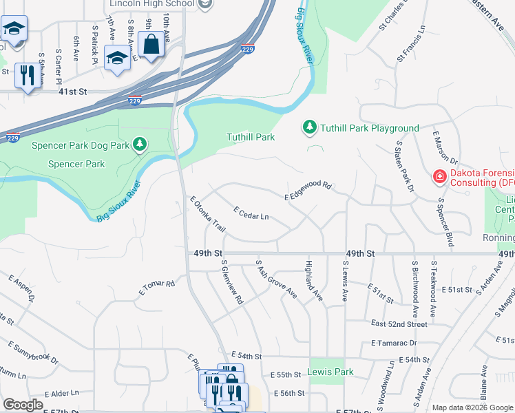 map of restaurants, bars, coffee shops, grocery stores, and more near 1300-1698 East Cedar Lane in Sioux Falls