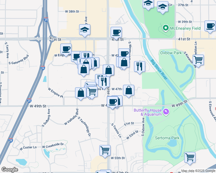 map of restaurants, bars, coffee shops, grocery stores, and more near in Sioux Falls