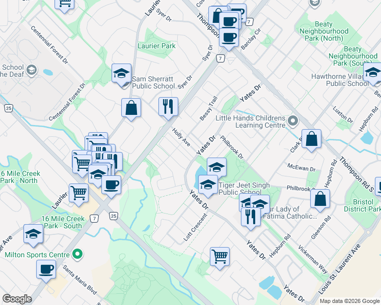 map of restaurants, bars, coffee shops, grocery stores, and more near 672 Holly Avenue in Milton