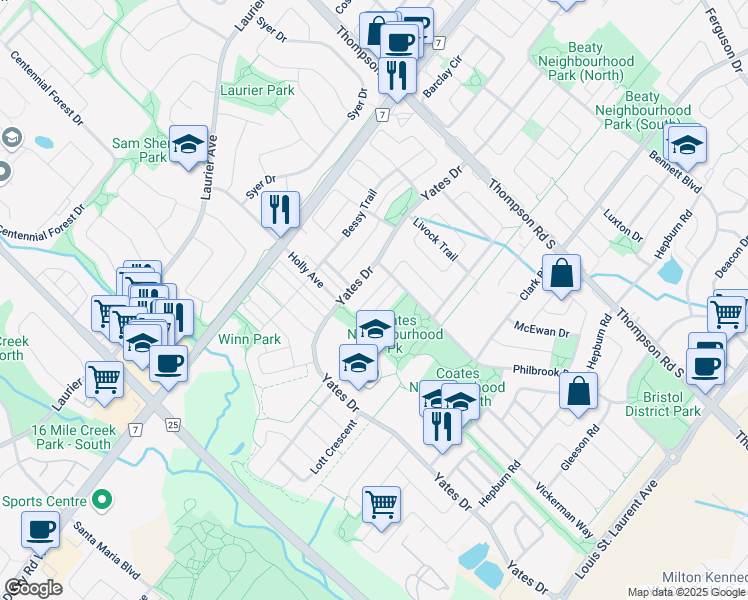 map of restaurants, bars, coffee shops, grocery stores, and more near 765 Shortreed Crescent in Milton