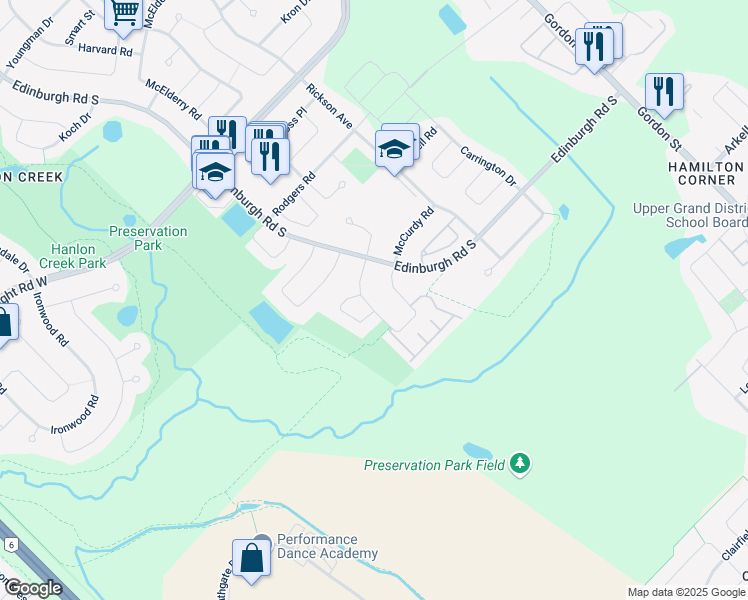 map of restaurants, bars, coffee shops, grocery stores, and more near 40 Terraview Crescent in Guelph