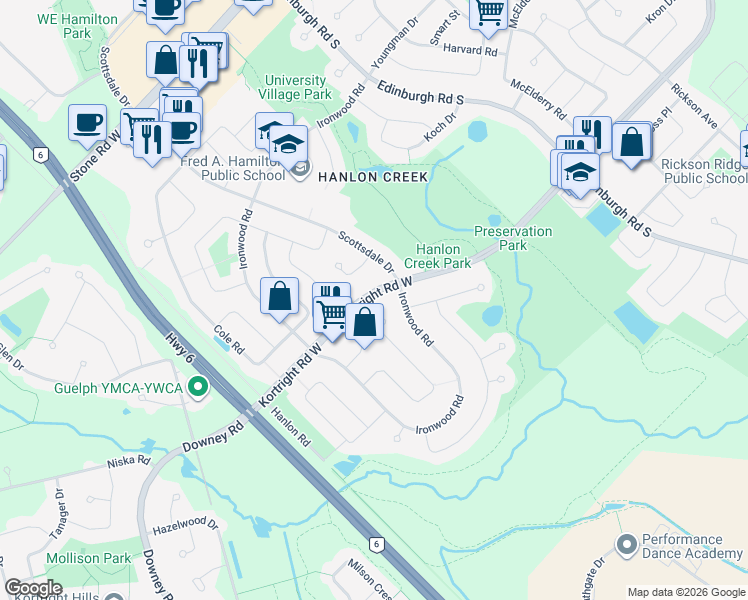 map of restaurants, bars, coffee shops, grocery stores, and more near 538 Kortright Road West in Guelph