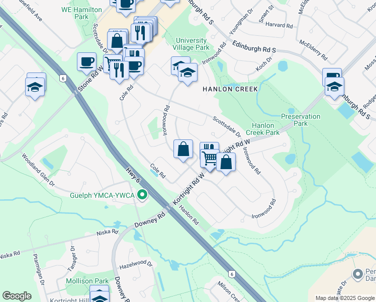 map of restaurants, bars, coffee shops, grocery stores, and more near 416 Cole Road in Guelph