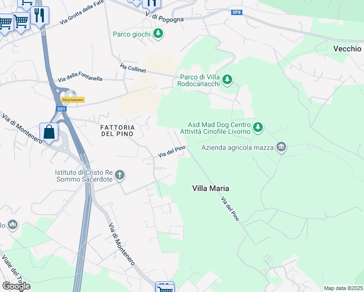 map of restaurants, bars, coffee shops, grocery stores, and more near 101 Via del Pino in Livorno