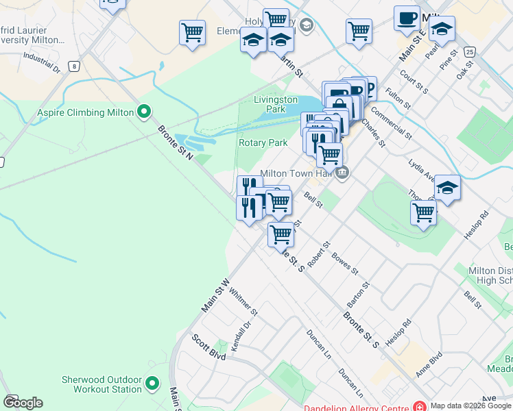map of restaurants, bars, coffee shops, grocery stores, and more near 17 Mill Street in Milton