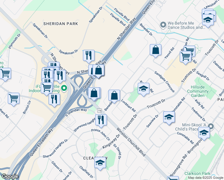 map of restaurants, bars, coffee shops, grocery stores, and more near 2632 Birch Crescent in Mississauga