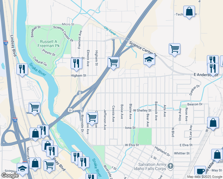 map of restaurants, bars, coffee shops, grocery stores, and more near 1225 Cassia Avenue in Idaho Falls