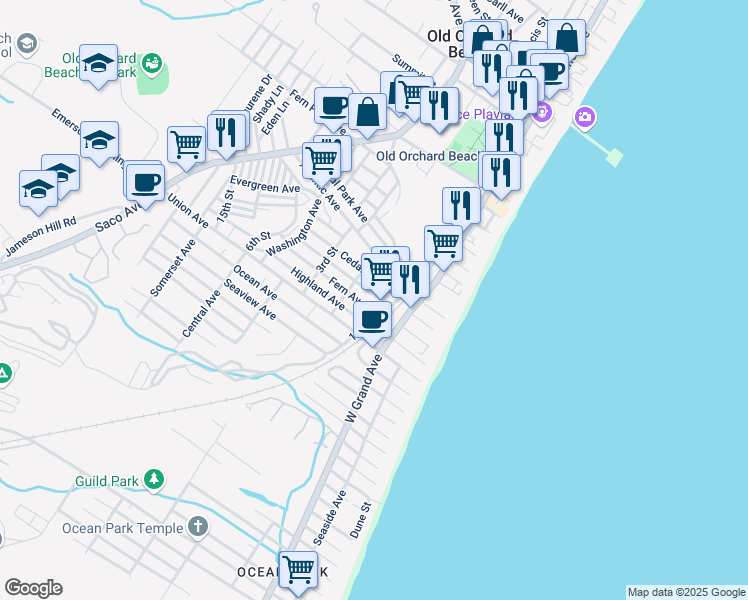 map of restaurants, bars, coffee shops, grocery stores, and more near 17 Cedar Avenue in Old Orchard Beach