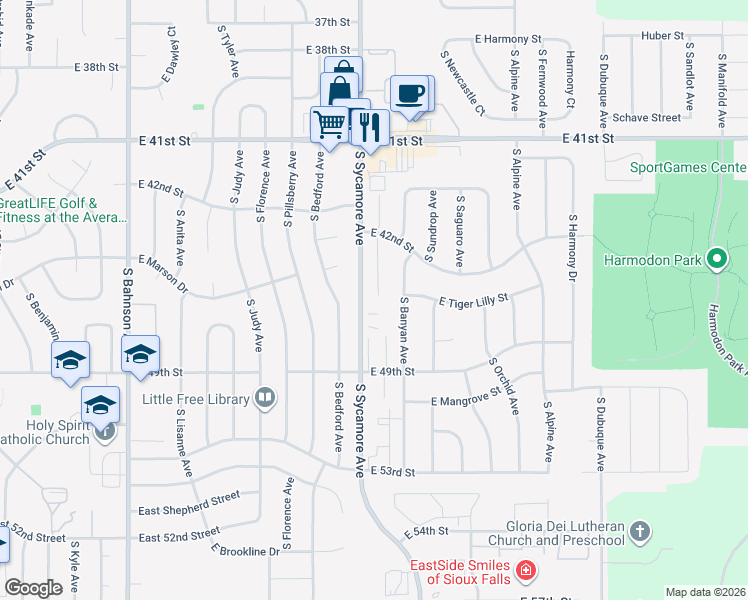 map of restaurants, bars, coffee shops, grocery stores, and more near 3500 South Prairie Gardens Place in Sioux Falls