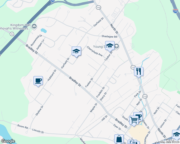 map of restaurants, bars, coffee shops, grocery stores, and more near 19 1/2 Tasker Street in Saco