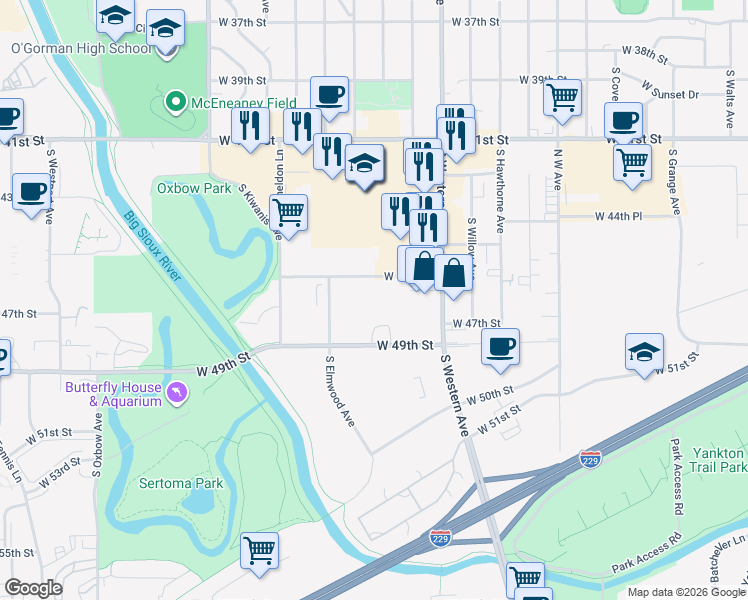 map of restaurants, bars, coffee shops, grocery stores, and more near 2303 West 46th Street in Sioux Falls