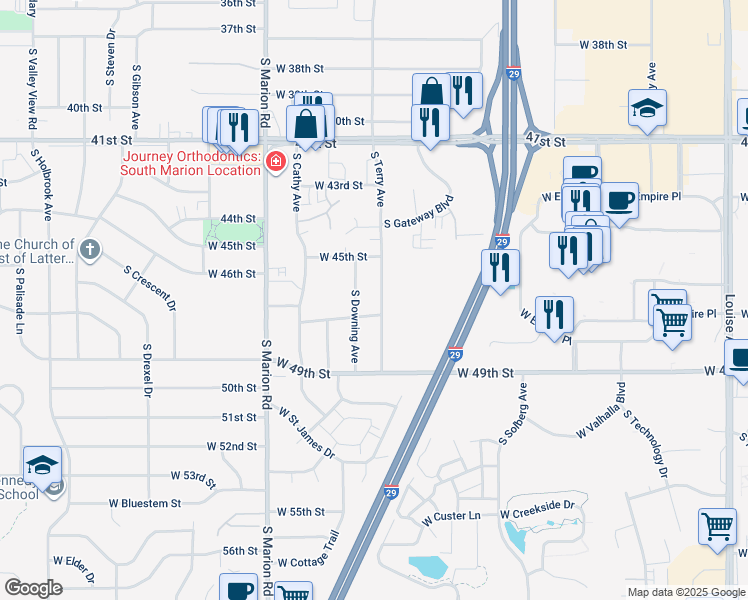 map of restaurants, bars, coffee shops, grocery stores, and more near 3809 South Terry Avenue in Sioux Falls