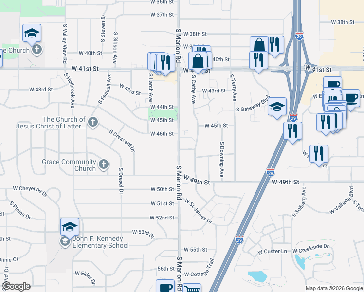 map of restaurants, bars, coffee shops, grocery stores, and more near 3808 South Marion Road in Sioux Falls