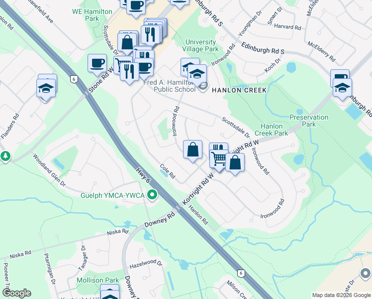 map of restaurants, bars, coffee shops, grocery stores, and more near 236 Ironwood Road in Guelph