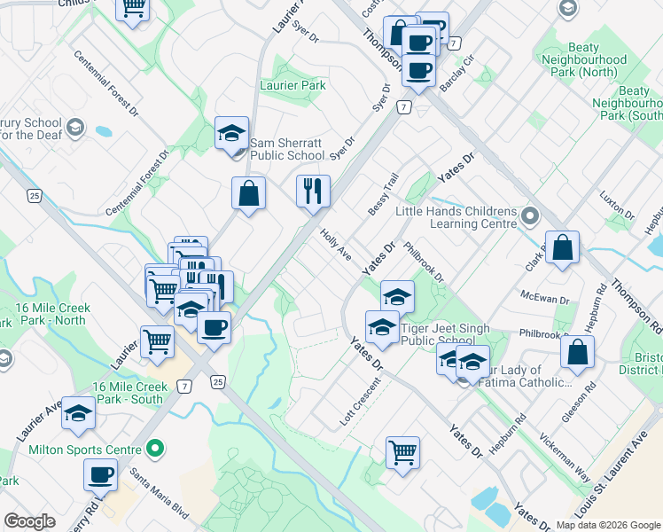 map of restaurants, bars, coffee shops, grocery stores, and more near Cargill Path in Milton