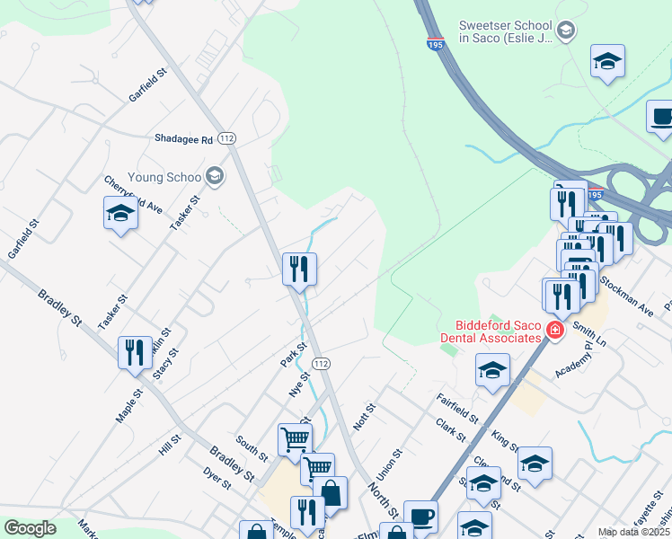 map of restaurants, bars, coffee shops, grocery stores, and more near 24 Roebuck Avenue in Saco