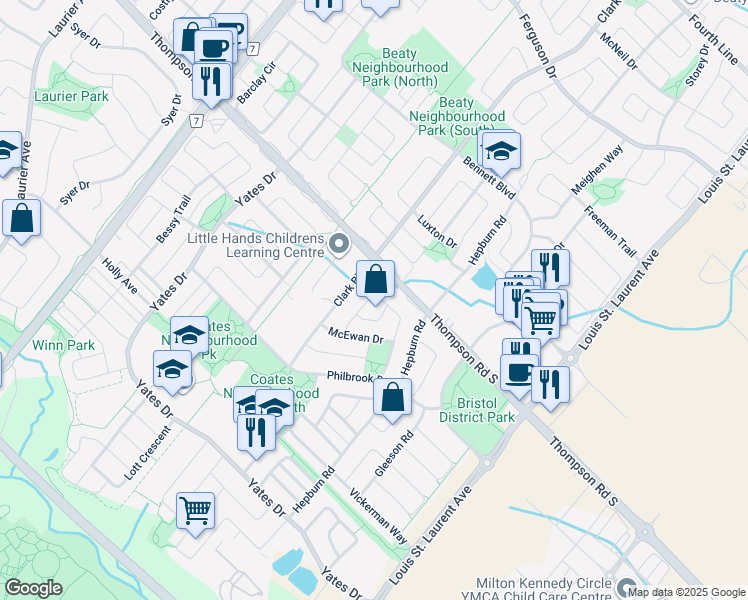 map of restaurants, bars, coffee shops, grocery stores, and more near 870 Thompson Road South in Milton