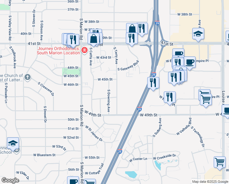 map of restaurants, bars, coffee shops, grocery stores, and more near 3809 South Terry Avenue in Sioux Falls