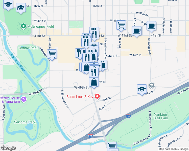 map of restaurants, bars, coffee shops, grocery stores, and more near 3804 South Western Avenue in Sioux Falls