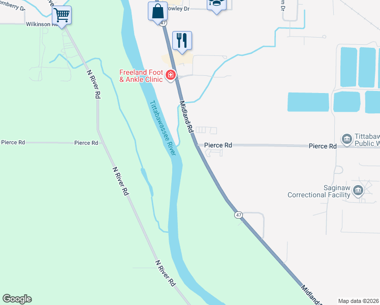 map of restaurants, bars, coffee shops, grocery stores, and more near 7044 Midland Road in Freeland